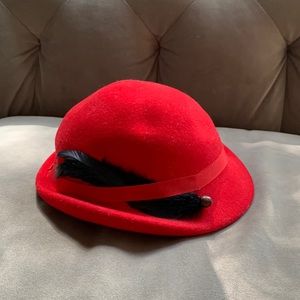 Vintage Red Felt Hat with Black Feather